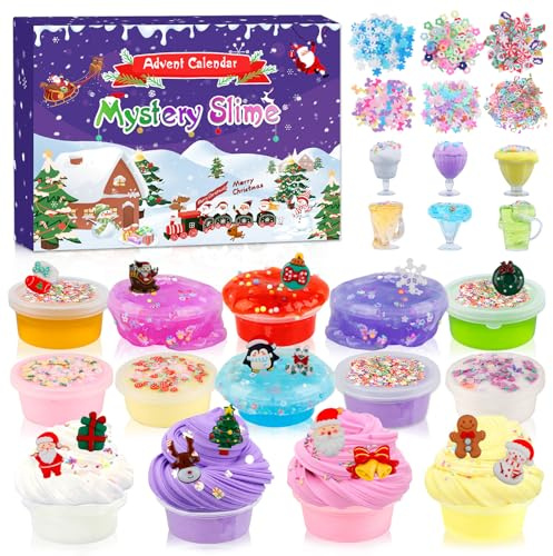 Slime Kit Advent Calendar 2025 for Kids, DIY Christmas 24 Days Countdown Surprise Kit, Party Favors Birthday Gifts for Boys Girls, Fluffy Butter Xmas with Cute Charms Stress Relief Toy for Kids
