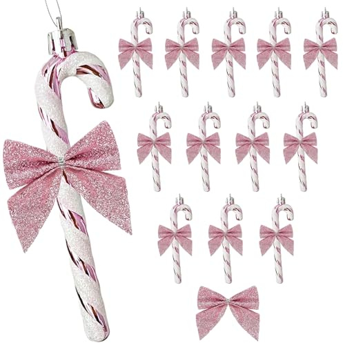 HERZWILD 24 bastones de caramelo para decoración de Navidad, bastón de caramelo de plástico con purpurina con adorno colgante de árbol de lazo (rosa)