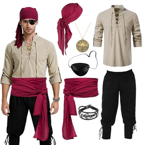 SERTAS 7 Pieces Pirate Costume,Halloween Costumes Men,Pirate Costume Adult Men,PirateOutfit Halloween Costumes for Carnival,Cosplay Parties (XL)