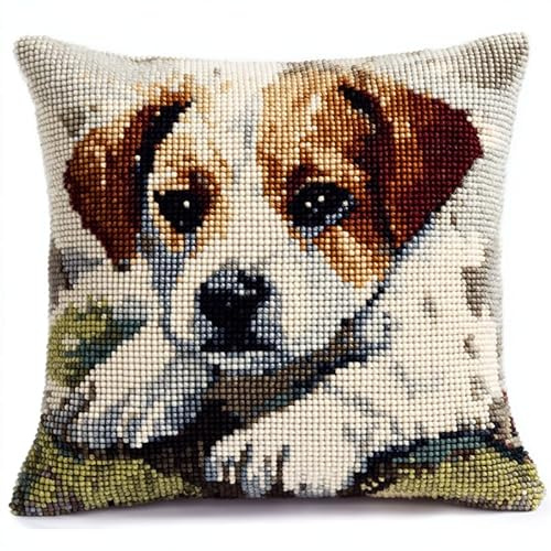 AxiangziK Tier Hund Kreuzstich Set Vorgedruckt,Süßer Jack Russell Terrier,Gobelin Stickbilder Kreuzstich Kissen Stickkissen Kreuzstichkissen/Stickkissen-Set,45x45cm