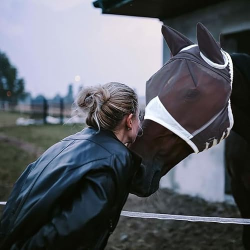 Breathable Horse Fly Mask,Black & White Horse Fly Mask with Ears,Adjustable Size(L)