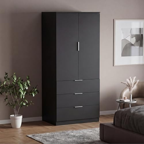 Vida Designs Trega 2 Door 3 Drawer Wardrobe | Black | Bedroom Furniture | 175H x 77W x 54D cm | With Storage Shelf & Hanging Rail | Large Capacity Storage
