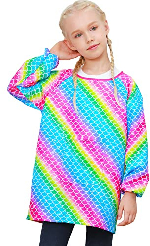 Sylfairy Kids Art Smocks for Painting, Waterproof Artist Rainbow Unicorn Aprons Paint Smocks Toddler Apron Smock for Child (Rainbow Mermaid, Large,8-12 Years)