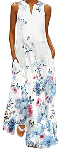 WINKEEY Femme Maxi Robe Longue Imprimé Papillon Robe d'Été Floral Grandes Tailles Boheme sans Manche avec Poches