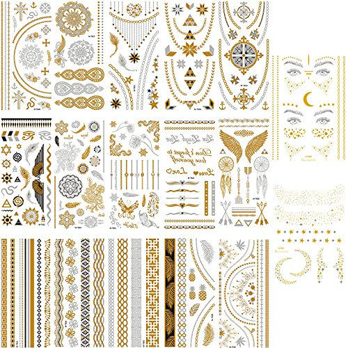 17 Hojas de Pegatinas de Tatuaje Temporal Doradas, VEGCOO Tatuaje Metálico Falso Temporal, Tatuaje Brillante y Tatuaje de Cara con Purpurina para Mujeres/Niñas