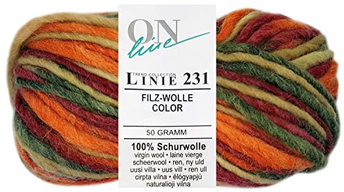 50 Gramm ONline Linie 231 Filzwolle Color aus 100% Schurwolle (0136 Orange Rot Mix)