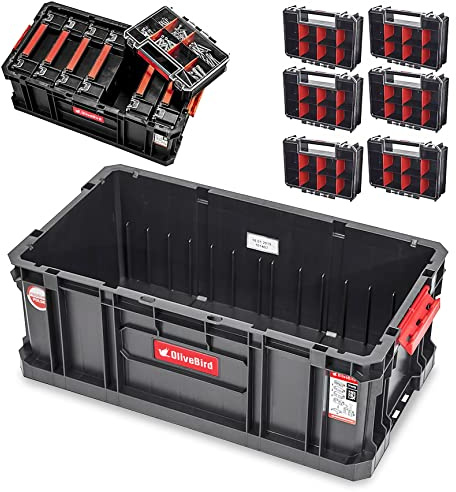 OliveBird SET Sortimentskasten + 6 x Organizer Multi 6er Sortimentskasten Kleinteile Organizer Sortierbox groß mit Deckel Sortierkasten Sortierkoffer Werkzeugbox Sortimentsbox Organisationsbox