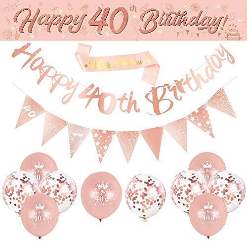 DEARLIVES 14 Pieces 40th Happy Birthday Decorations,Rose Gold Party Supplies Including Banners Straps Triangle Flag Bunting Confetti Latex Balloons (40th Birthday)