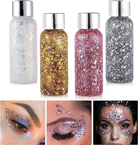 Kit de Gel Glitter para Cuerpo y Cara - 4 Botellas de Líquido Chunky, Sirena Lentejuelas Brillantes para Cabello, Labios, Uñas, Maquillaje, Cosméticos y Festival