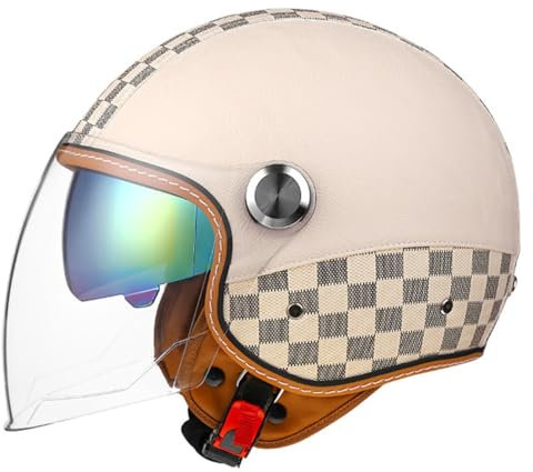 Leder Halbschalenhelm Retro Motorrad Halbhelm Mit Sonnenblende Brain-Cap Motorradhelm Scooter Jethelm DOT/ECE Zertifiziert Offenem Helm Rollerhelm Für Herren Und Damen 1,XL:61-62CM
