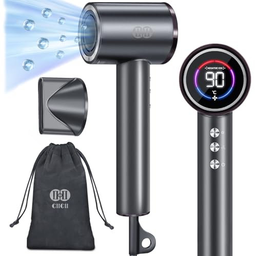 CIICII Asciugacapelli Ionico Professionale, 120000 RPM Alta Velocità per Phon Capelli (1600W/3 Velocità/5-Temp/Display HD & Borsa da Viaggio) Asciugacapelli Asciugatura Rapida per Viaggi e Casa (Nero)