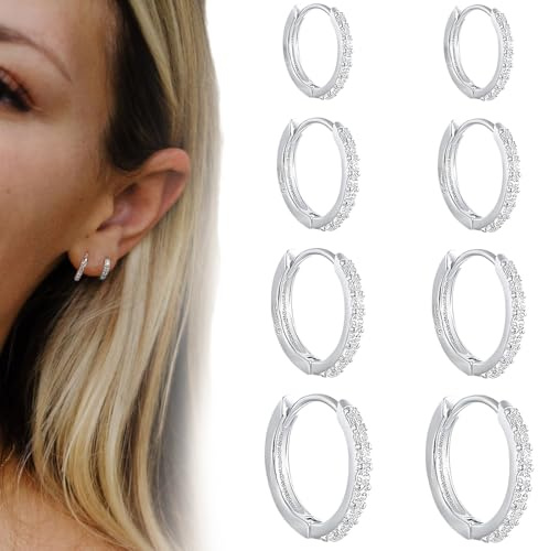 SJBAUTYO Set di 4 paia di orecchini a cerchio con zirconi AAA+, ipoallergenici, piccoli orecchini a cerchio dorati, da donna, 6/8/10/12 mm