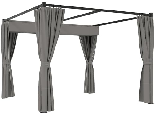 Outsunny Pérgola con Techo Retráctil Pérgola de Jardín 3x3 m Cenador con Paredes Laterales Tela de Poliéster Impermeable Pabellón para Terraza Patio Exterior Gris Claro