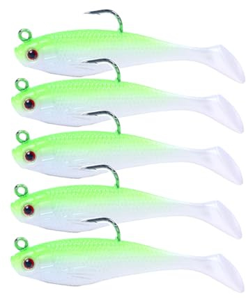 WUWYOUWL Fishing Lure Set, 5Pcs 8cm Soft Bait Head Sea Fish Lures Fishing Tackle Sharp Treble Hook T Tail Artificial Bait (Green)
