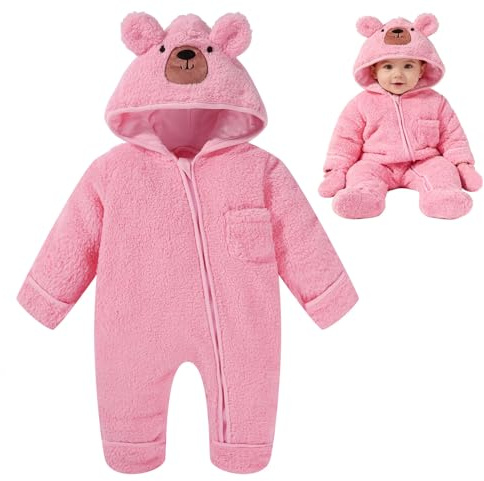 ChYoung Baby Snowsuit Onesie Newborn Baby Girl Boy Clothes Bear Hooded Footed Fleece Romper Fall Winter Outfits (Pink, 3-6 Months)