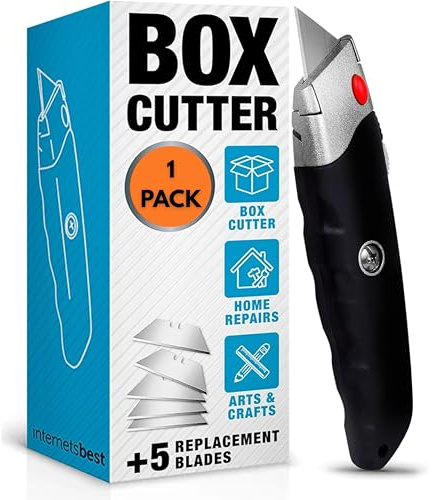 INTERNET'S BEST Premium Utility Knife | Retractable Box Cutter with Rubber Handle | Heavy-Duty Cutting for Cardboard, Carpet, Plastic | Retractable Blade | Includes 1 Razor Knife & Extra Blades