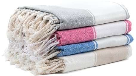 Aspendos Lot de 4 serviettes de plage turques, légères, à séchage rapide, anti-sable, 100 % coton, pour hammam et bain Peshtemal, 90 x 190 cm, douces et compactes, pour spa, voyage, gym, yoga, camping