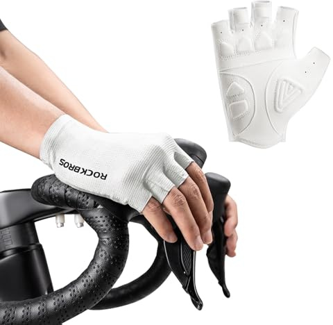 ROCKBROS Guantes Ciclismo Medio Dedo para Hombres y Mujeres, Guantes Cortos de Verano Transpirable y Antideslizante con Acolchado SBR para Carretera y MTB, Blanco M