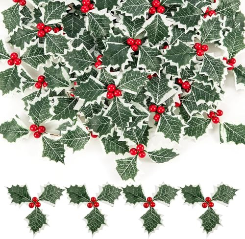30Pcs Artificial Holly Leaves with Berries Xmas Berry Picks Decoration Beautiful Christmas Wreath Branches Christmas Vase Fillers Artificial Plants and Flowers