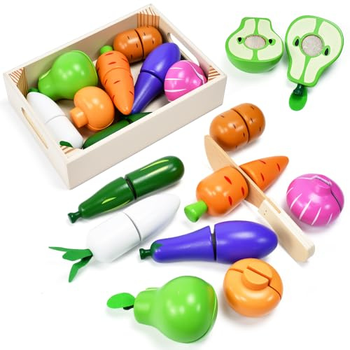 Vunanvu 10 Pezzi Frutta e Verdura da Tagliare Giocattolo Giochi Cucina Legno Giocattolo da Taglio per Cucina Cibo Finto per Cucina da Gioco per Montessori Educativo Giocattolo e Regalo Compleanno