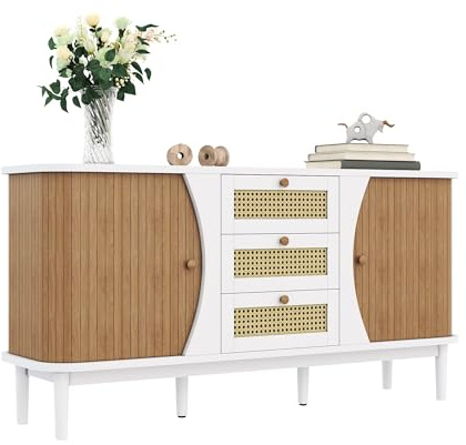 HaoChrymec Sideboard en Bois Tressé avec Porte Coulissante, Meuble De Rangement avec Étagères Réglables, Plateau Courbé, pour Salon, Salle À Manger, Entrée, Blanc, 140x40x76 cm