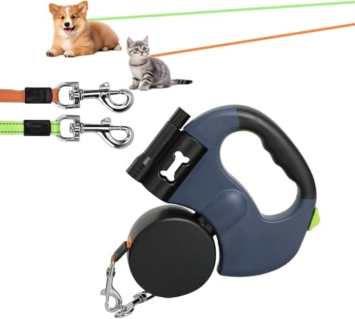 Indragbart hundkoppel, 300 cm rullkoppel, hundkoppel, dubbelhuvuden, hundkoppel, 360° roterbart koppel, infällbart, halkfritt handtag, för små och medelstora hundar (blå)