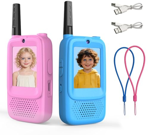 YOBWOK Video walkie talkie bambini,2 PC Walkie talkie bambini ricaricabili con telecamera HD & Modificatore vocale,Lungo Raggio,Regalo di Natale per Bambin i dai 3-12 Anni (Rosa/blu)