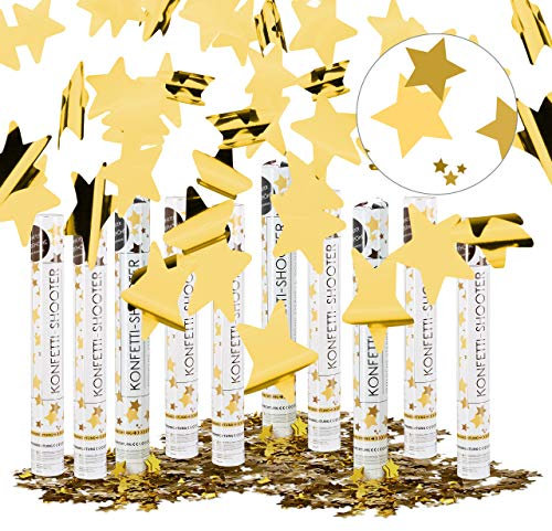 Relaxdays 10er Set Partypopper Gold 40 cm, Sternenregen, 6-8 m Effekthöhe, Hochzeit, Geburtstag, Karneval, Konfettiregen, Gold