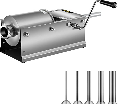 Happybuy Horizontal Sausage Stuffer 3L/ 7Lbs Manual Sausage Maker With 5 Filling Nozzles Sausage Stuffing Machine For Home & Commercial Use Stainless Steel
