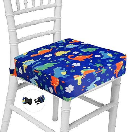 Taeku Asiento Elevador, Desmontable Sillas Gruesas Cojín Elevador Niños con Hebillas Seguridad Doble Correas para Mesa de Comedor (Dinosaurio Azul)