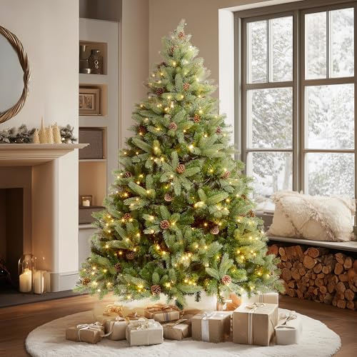 VeryMerry 5FT 'Ascot' Pre-Lit Christmas Tree with 200 Built-In Warm White LED Lights with Auto-Off Timer, 8 Lighting Modes and Real Decorative Pinecones