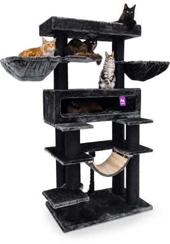 Petrebels Maine Coon Kratzbaum XXL, Lookout 198, Design Kratzbaum für große Katzen, Extrem Stabil, mit 15cm Ø Natur-Sisal Stämme, 100 x 60 x 198 cm, Farbe Schwarz