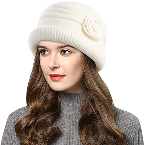 Wantonfy Bonnet en tricot pour femmes - Chaud pour l'hiver - Mütze avec bord roulé - Mütze avec fleur latérale - Bonnet d'hiver respirant, Blanc., taille unique