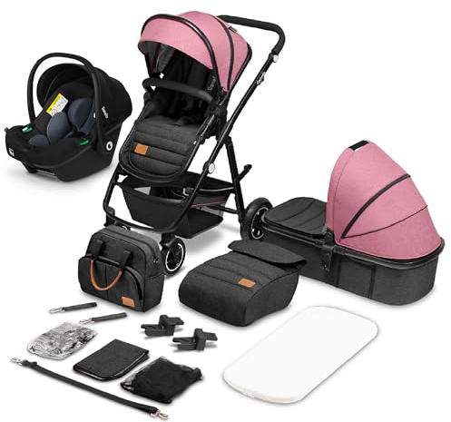 LIONELO Amber Kinderwagen 3 in 1 Kombikinderwagen Set sportlicher Sitz fester Babywanne Autositz Tasche Moskitonetz Regenschutz XXL-Dach mit Sonnenschutz (Pink)