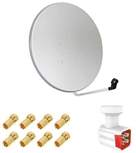 Pack Antenne Parabole Acier 100 cm Gris Clair + LNB Quad Full HD 4K 1080p Gain 70DB Bruit 0.1 DB + 8 Connecteurs fiche F