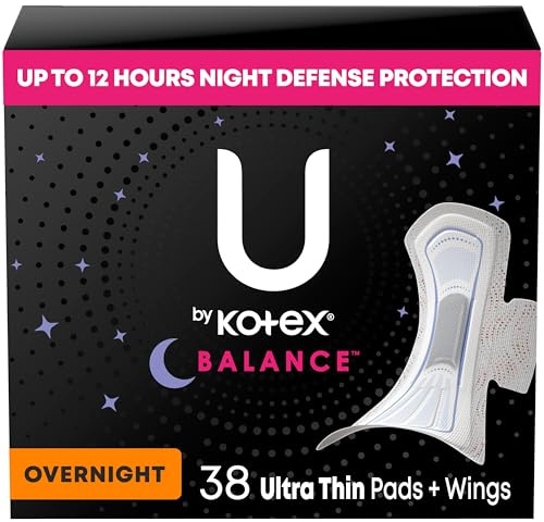 U by Kotex Balance Ultra Thin Pads with Wings, Overnight Absorbency, 38 Count