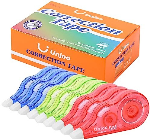 Unjoo White Correction Tape, Easy To Use Applicator, Fast Clean Tear-Resistant Tape For school Supplies, Office (9-pack, 5M/196, Red, Green, Blue, Tape Width 0.2in)