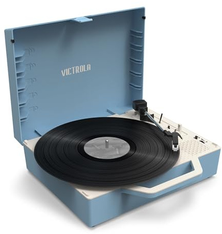 Victrola Re-Spin – Sustainable Suitcase Vinyl Record Player, 3-Speed (33 1/3, 45 & 78 RPM), Belt-Driven Bluetooth Turn Table with Built-in Bass Radiator, 3.5mm Headphone Jack (Light Blue)