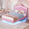 Kayan Kinderbett Polsterbett 90x200cm, Bettgestell für Mädchen, mit verstellbares Kopfteil, LED-Kronen-bettgestell aus PU-Leder mit Lattenrost und Rückenlehne, ohne Matratze (Rosa, 90 x 200 cm)