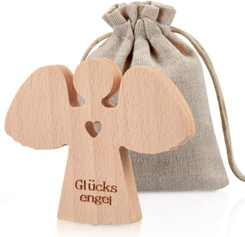 Holz Schutzengel Glücksengel Holzengel mit Herz Engel Glücksbringer Handschmeichler Mutmacher Geschenk Schutzengel Geschenk mit Baumwollsäckchen für Familie Freunde Prüfung Kinder Kommunionen Taufen