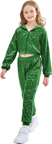 LOLANTA Enfant Costume de Danse Hip Hop à Paillettes Vêtements de Street Dance Ensemble Veste-pantalon, Vert, 12-13 ans, 170