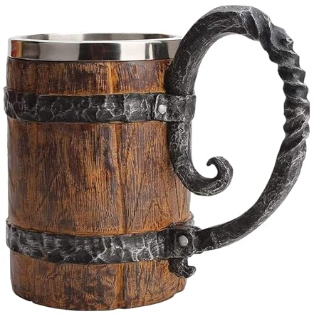 LAUGOKOBE Wooden Barrel Beer Mug, Large Viking Cup Wood Style Beer Stein with Handle, Double Wall Stainless Steel Tankard Mug, Antique gifts for Men Bar Restaurant Renaissance Accessories