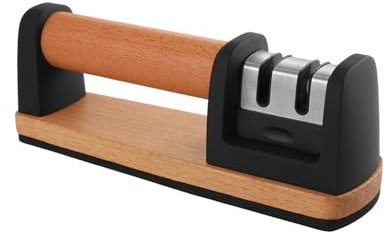 Aiguiseur de Couteaux Manuel Professionnel avec Base Antidérapante et Manche en Bois, Affûteur de Cuisine en Tungstène, Céramique et Acier Inoxydable, Outil de Restauration des Lames