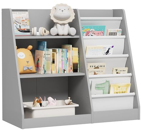 Hironpal 4-Tier Montessori Kid Bookshelf, Wooden Children Bookcase, Baby Storage Book Rack, Toddler Display Shelf Playroom, Toy Organizer Cabinet, Kids Room, Living Room, Classroom, Nursery, Bedroom