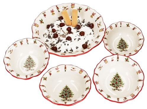 MamboCat Maestro Natale 5tlg Schüssel-Set I italienisches Keramik-Geschirr für 4 Personen mit Weihnachtsdekor I 1x große Schüssel & 4X Dessertschalen für Weihnachten