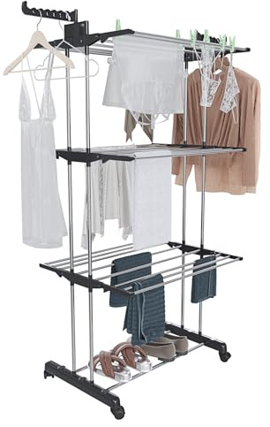 Arreditaly Stendibiancheria A Rotelle Stendino A Torre Verticale In Acciaio E ABS 4 Piani Ripiani Pieghevole Modulabile Salvaspazio Con Ali Richiudibile Biancheria Interno 169 x 75.5 x 63.5 Cm (Nero)