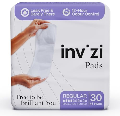 Invizi Vanliga engångsinkontinensdynor – smala dynor för lätta blåsläckor, snabb absorption, luktkontroll, hudvänlig och bekväm passform för användning dag och natt – 30-pack