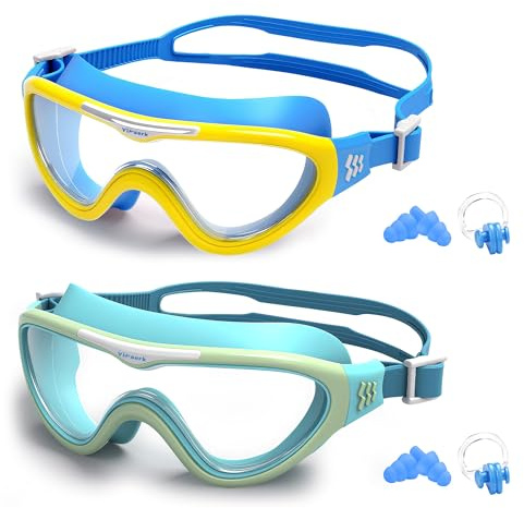 Yimserk 2 Pack Kids Swim Goggles with Nose Clip & Ear Plugs, Anti-Fog UV Protection Swimming Goggles for Boys & Girls Age 4-14, Soft Silicone Leak-Proof Pool Goggles with Case
