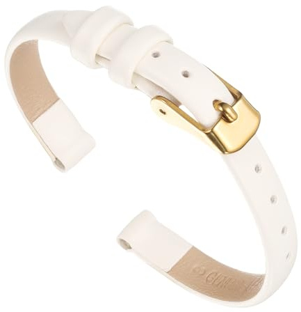 sourcing map White Genuine Leather Band 8mm Width, Flat Thin Elegant Leather Watch Strap Gold Tone Buckle for Men and Women