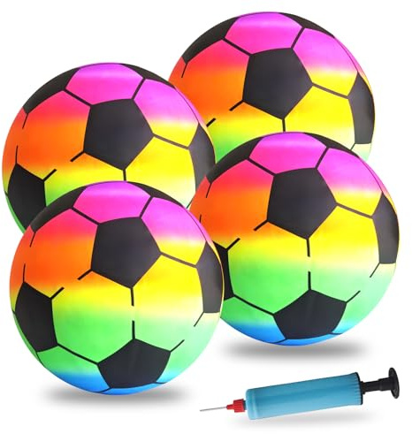 YIMETOP 4 stycken regnbågsbollar, barn, PVC-fotboll, barn och vuxna, uppblåsbara bollar med pump, 22 cm, barnboll, regnbågsboll, vattenboll, fotboll för inomhus- och utomhusbruk, lekboll för barn